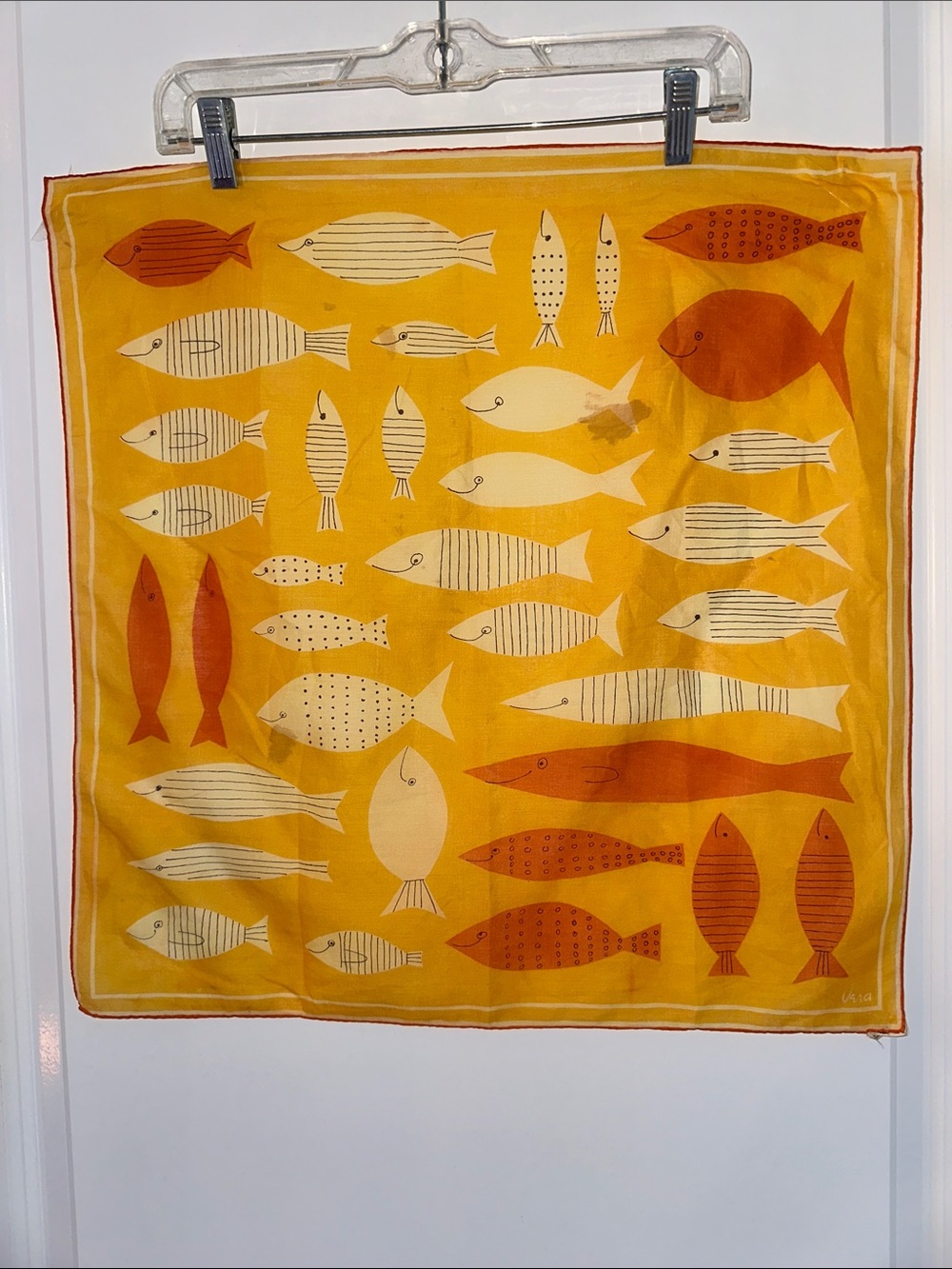Vintage 1959 Yellow “Vera Paints A Fish” Print Cotton Scarf - Vera Neumann